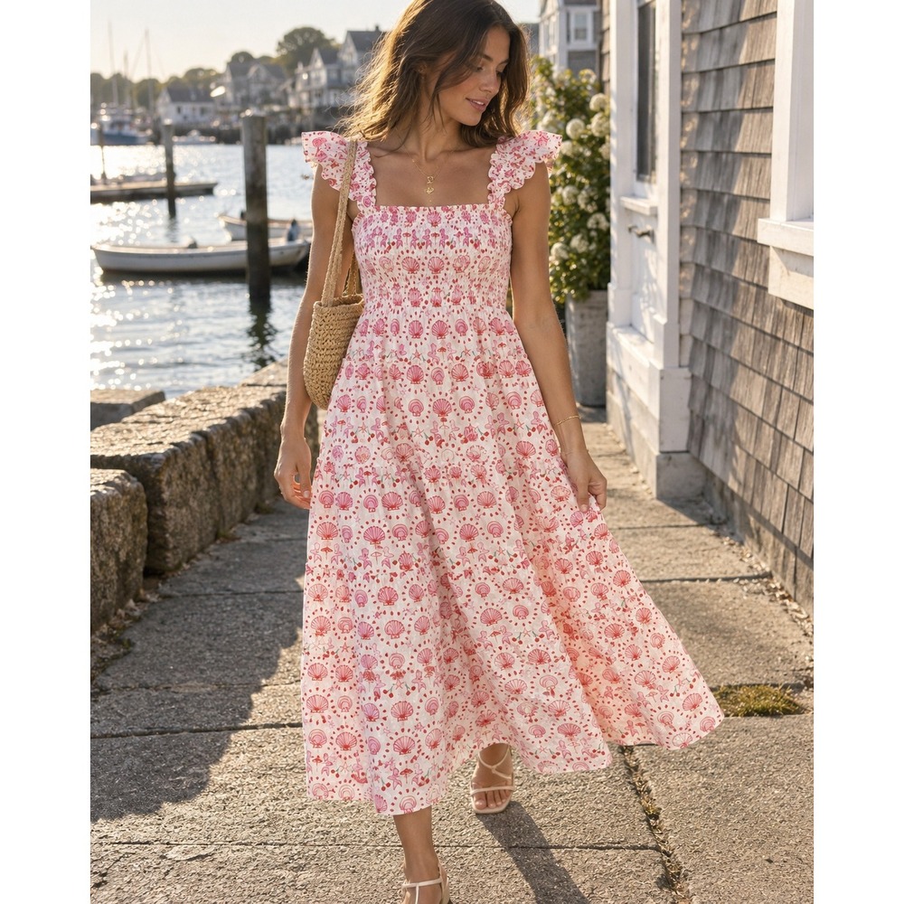 Hill House Home Ellie Nap Dress Mermaid Seashell Smocked Cotton Midi M